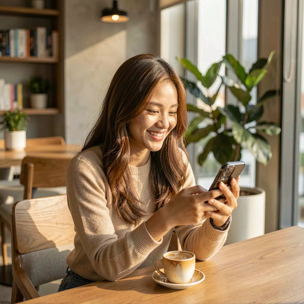 Relaxed Filipino player using the JILIUP7 mobile casino app on her smartphone while sitting in a modern indoor setting